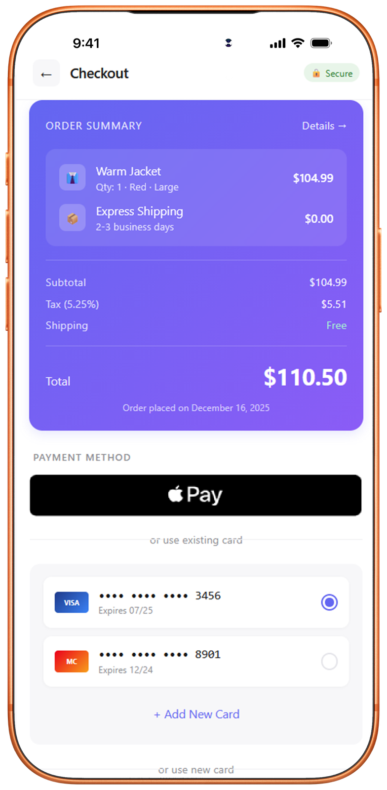 Checkout screen on a smartphone